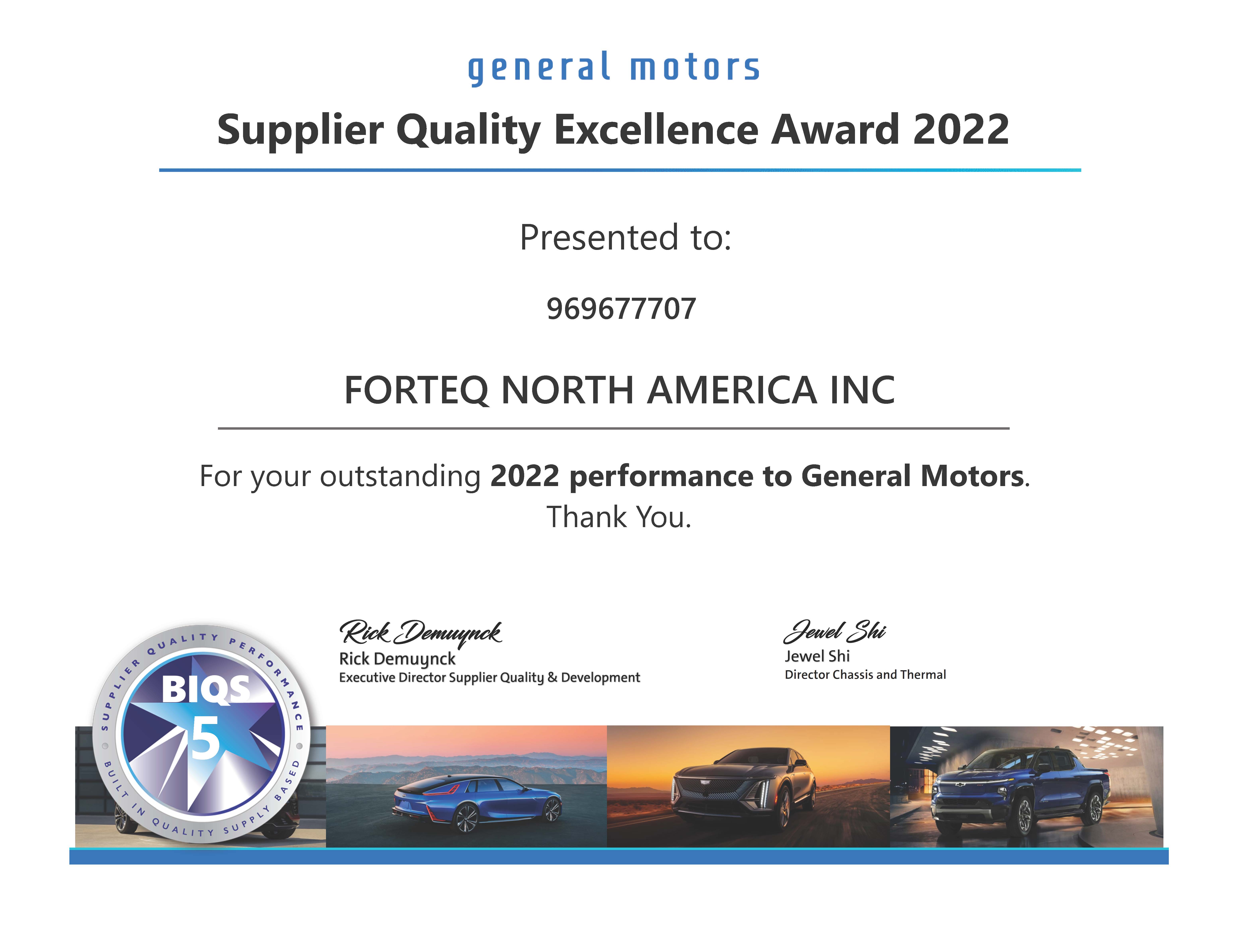 General Motors Supplier Quality Excellence Award 2022 forteq Group